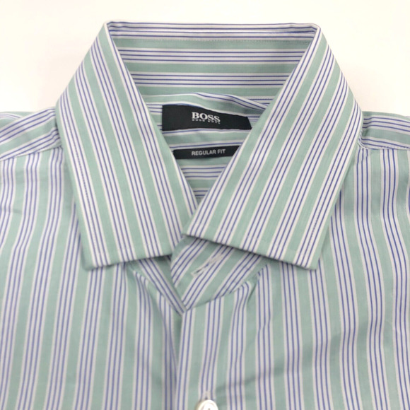 Hugo Boss REGULAR FIT 15.5 34/35 Button Long Sleeve Striped Dress Shirt Green - Picture 1 of 9